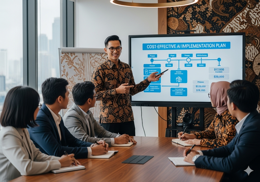 04. Seorang pemimpin koperasi mempresentasikan rencana implementasi AI yang hemat biaya kepada timnya
