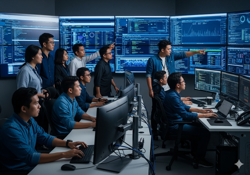 04. Tim yang beragam yang terdiri dari para insinyur dan ilmuwan data di ruang kontrol modern