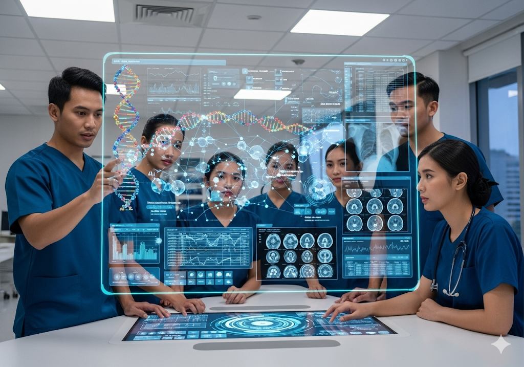 04. Data medis terintegrasi pasien (genomik, hasil lab, pencitraan) yang dianalisis oleh AI, menunjukkan koneksi dan wawasan