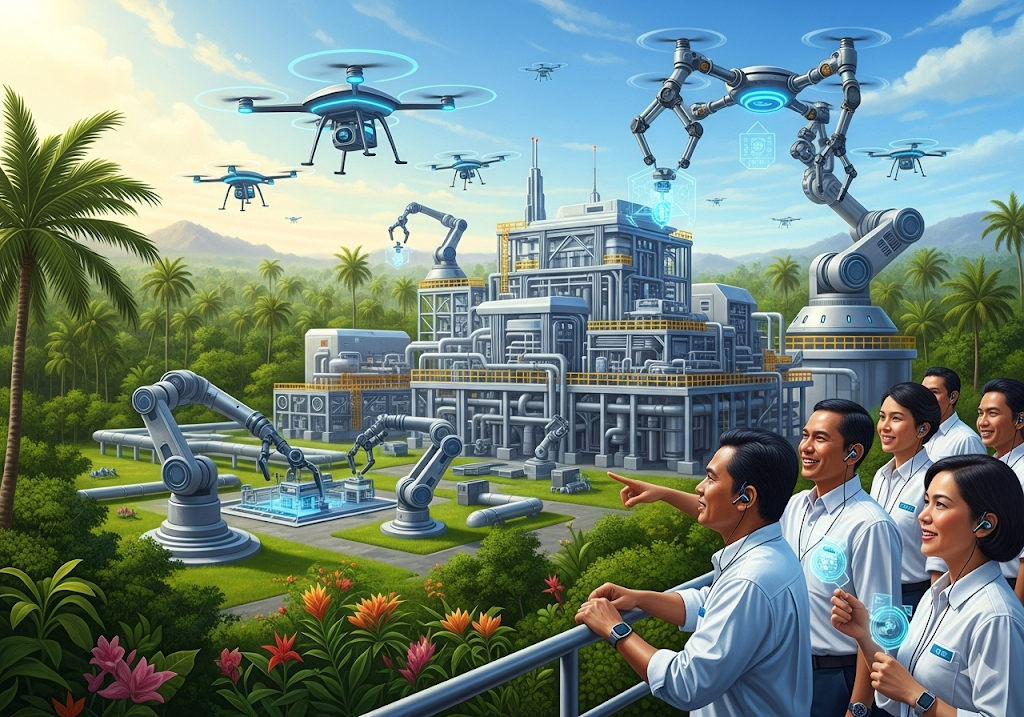05. Fasilitas minyak dan gas futuristik, sepenuhnya otomatis dengan drone yang terbang di atas kepala dan lengan robot