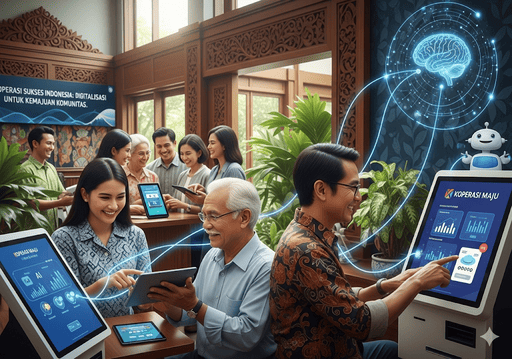 05. Kisah sukses koperasi, yang menunjukkan anggota yang bahagia berinteraksi dengan layanan digital yang efisien yang didukung oleh AI