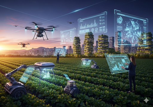 05. Ladang futuristik dengan drone dan mesin robotik, di mana kota terintegrasi dengan mulus ke dalam lanskap pertanian