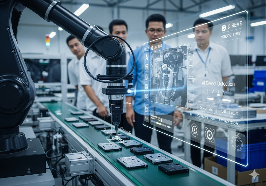 05. Lengan robotik dengan kamera yang memeriksa komponen elektronik di atas ban berjalan