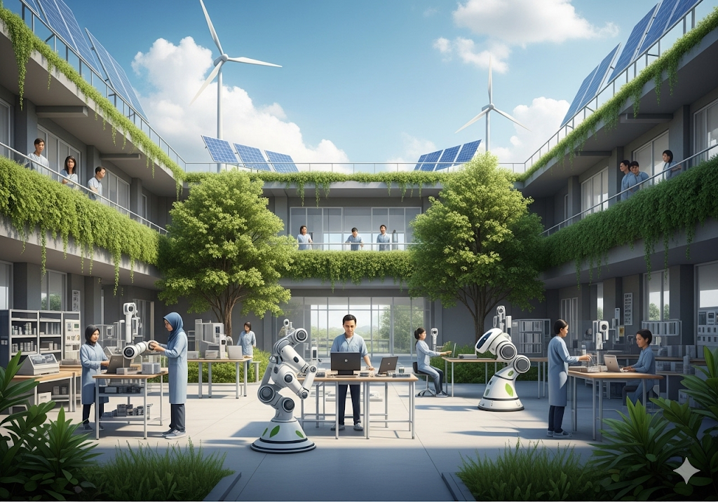 05. Pabrik futuristik dan berkelanjutan dengan tanaman hijau subur yang terintegrasi ke dalam arsitektur