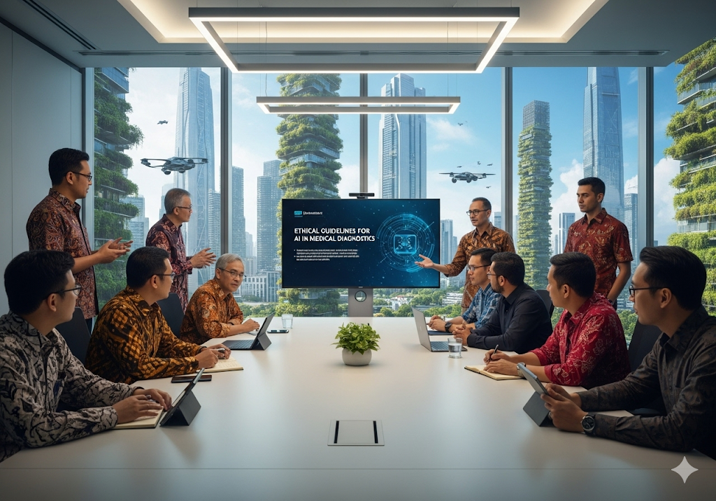 05. Peneliti medis dan pengembang AI sedang mendiskusikan pedoman etis untuk AI dalam diagnostik