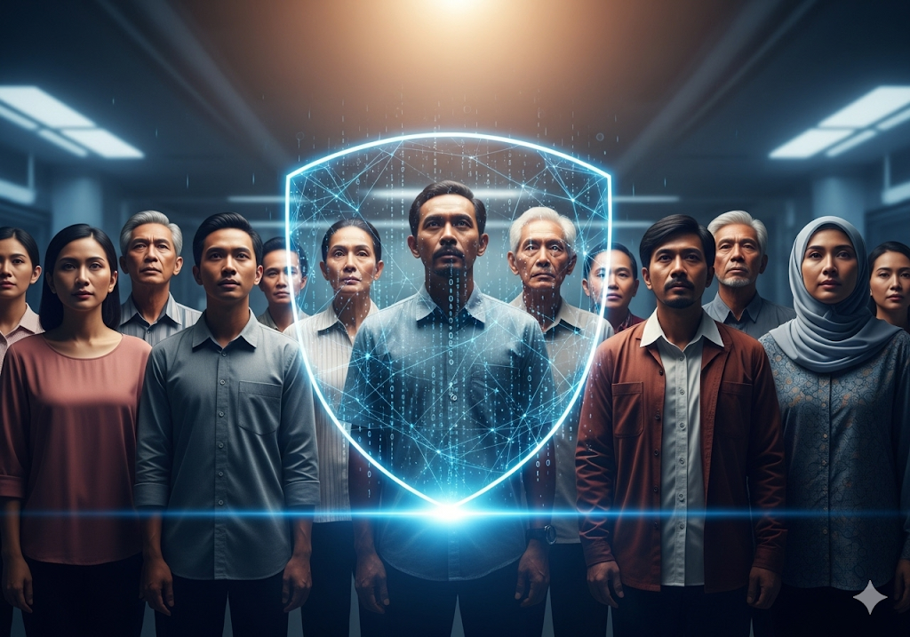 05. Perisai digital yang melindungi data mereka, melambangkan pentingnya privasi data dan akses yang adil ke perawatan kesehatan