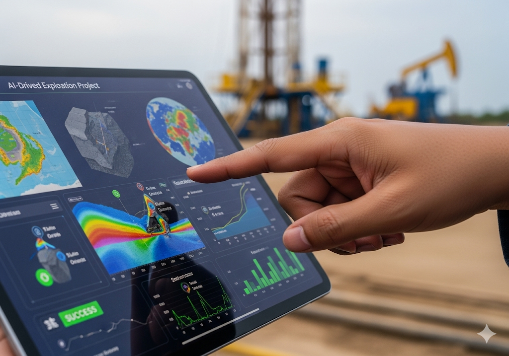 05. Proyek eksplorasi yang berhasil digerakkan oleh AI, dengan latar belakang rig pengeboran aktif