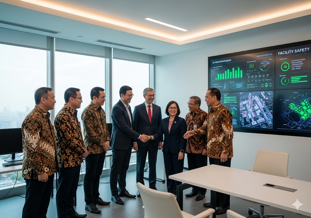 05. Sekelompok eksekutif minyak dan gas berjabat tangan dengan penyedia solusi AI di kantor modern yang terang