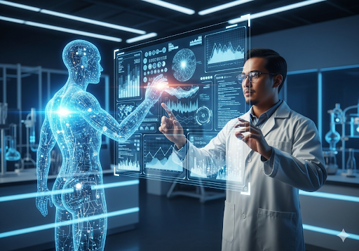 05. Seorang peneliti manusia dan hologram AI secara kolaboratif menganalisis data kompleks di layar transparan besar