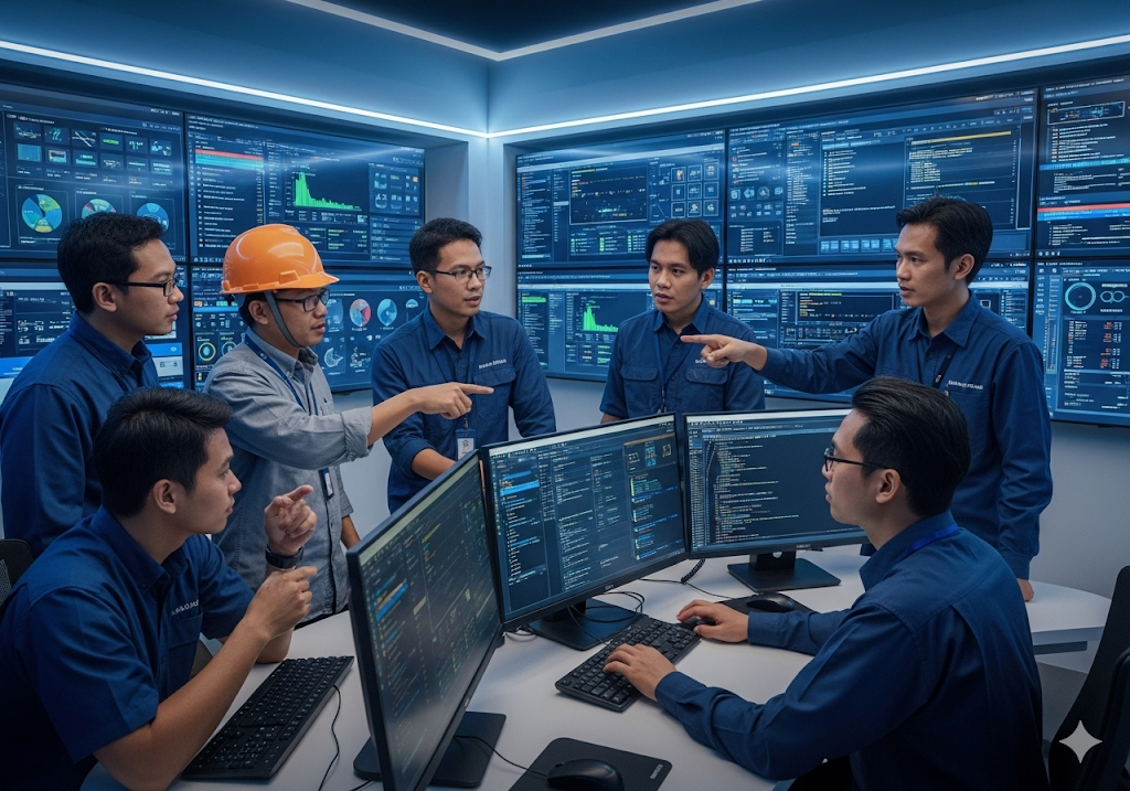 05. Tim insinyur dan ilmuwan data berkolaborasi di ruang kontrol modern