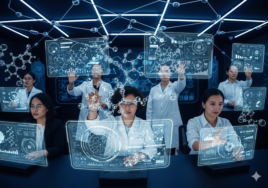 05. Tim peneliti dan spesialis AI global yang berkolaborasi secara virtual dalam proyek penemuan obat