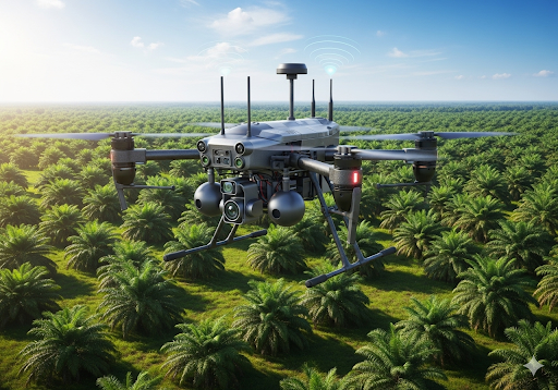 Gambar 1. Sebuah drone yang dilengkapi dengan sensor AI terbang di atas perkebunan kelapa sawit yang luas