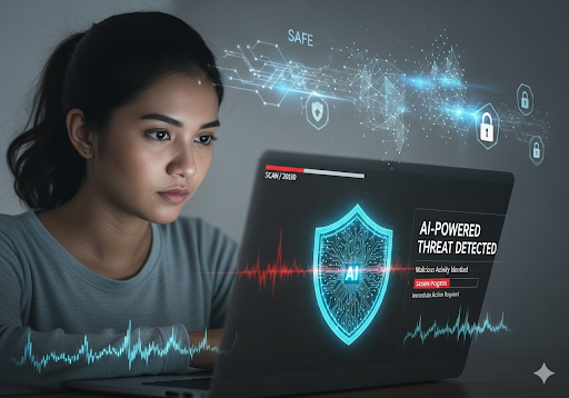 Gambar 1. Seorang wanita Indonesia sedang melihat layar laptopnya yang menampilkan peringatan keamanan siber yang didukung AI