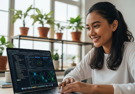 Gambar 1. Seorang wanita muda Indonesia tersenyum saat belajar coding di laptopnya