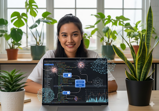 Gambar 1. Seorang wanita muda Indonesia tersenyum saat belajar coding di laptopnya