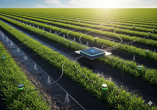 Gambar 2. Jaringan sensor kelembaban tanah yang terhubung ke hub AI pusat di ladang hijau subur