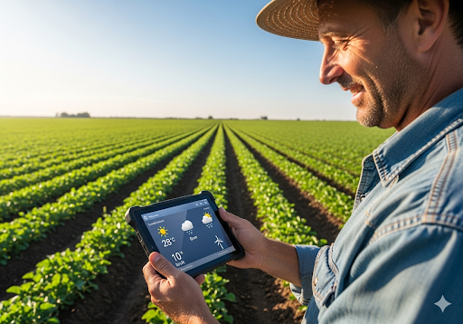 Gambar 2. Petani tersenyum melihat tablet dengan prakiraan cuaca lokal