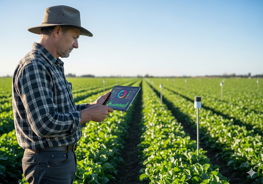 Gambar 2. Seorang petani menggunakan tablet untuk memantau data real-time dari sensor bertenaga AI di ladang tanaman