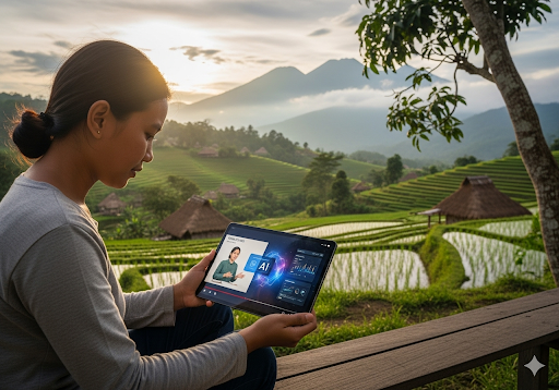 Gambar 2. Seorang wanita Indonesia di desa terpencil menggunakan tablet untuk mengikuti kursus online