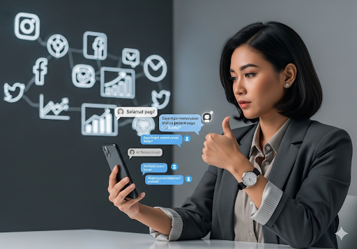 Gambar 2. Seorang wanita pengusaha Indonesia sedang berinteraksi dengan chatbot AI di ponselnya