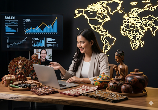 Gambar 2. Seorang wanita pengusaha Indonesia sedang melakukan video call dengan klien internasional