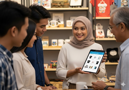 Gambar 3. Seorang pengusaha perempuan Indonesia sedang berinteraksi dengan pelanggan melalui aplikasi yang didukung AI