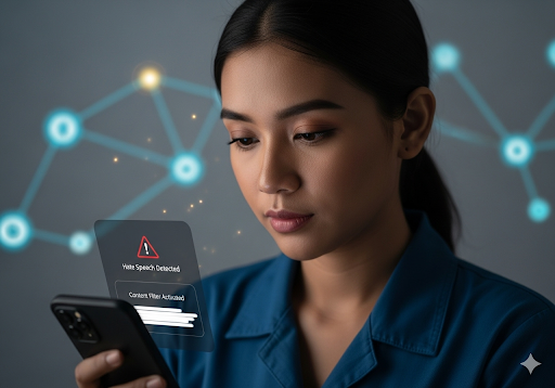 Gambar 3. Seorang wanita Indonesia sedang menggunakan aplikasi di ponselnya yang menampilkan deteksi ujaran kebencian yang didukung AI