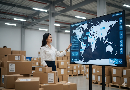 Gambar 3. Seorang wanita pengusaha Indonesia sedang meninjau peta logistik global yang didukung AI di layar besar