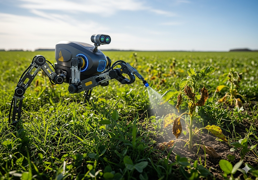 Gambar 4. Sebuah robot kecil yang gesit dengan tepat menyemprot satu tanaman yang terinfeksi di ladang yang luas