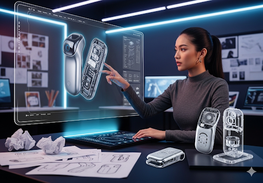 Gambar 4. Seorang wanita Indonesia sedang berinteraksi dengan model 3D yang dihasilkan AI di layar besar