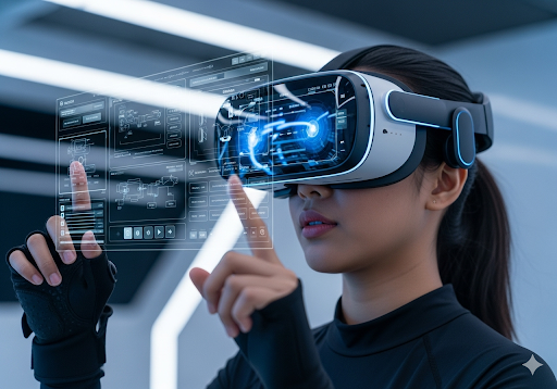 Gambar 4. Seorang wanita Indonesia sedang menggunakan headset VR, berinteraksi dengan simulasi pelatihan yang realistis