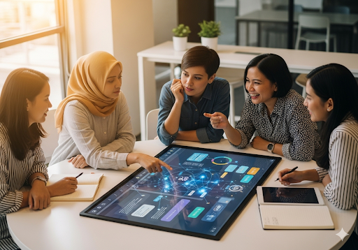 Gambar 5. Sekelompok wanita Indonesia berdiskusi dan berkolaborasi di sekitar meja bundar