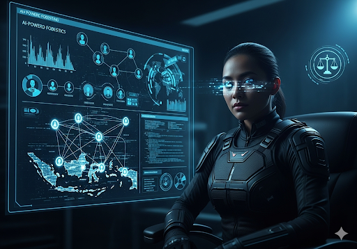 Gambar 5. Seorang wanita detektif siber Indonesia sedang menganalisis data forensik digital yang didukung AI di layar besar