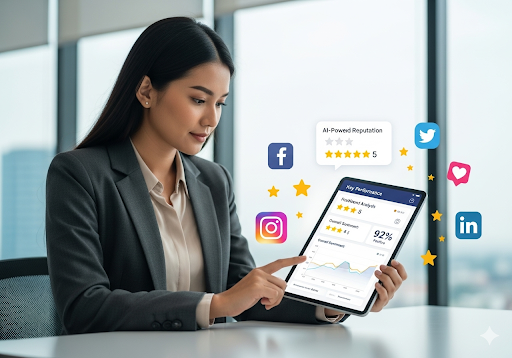 Gambar 5. Seorang wanita pengusaha Indonesia sedang meninjau dasbor manajemen reputasi online yang didukung AI di tabletnya